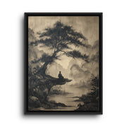 Black floating frame canvas depicting a dark twisting tree above a misty river rendered in soft black ink tones