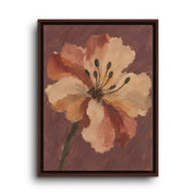 Brown floating frame canvas depicting a single cream and peach blossom with dark stamens against a dusty mauve background