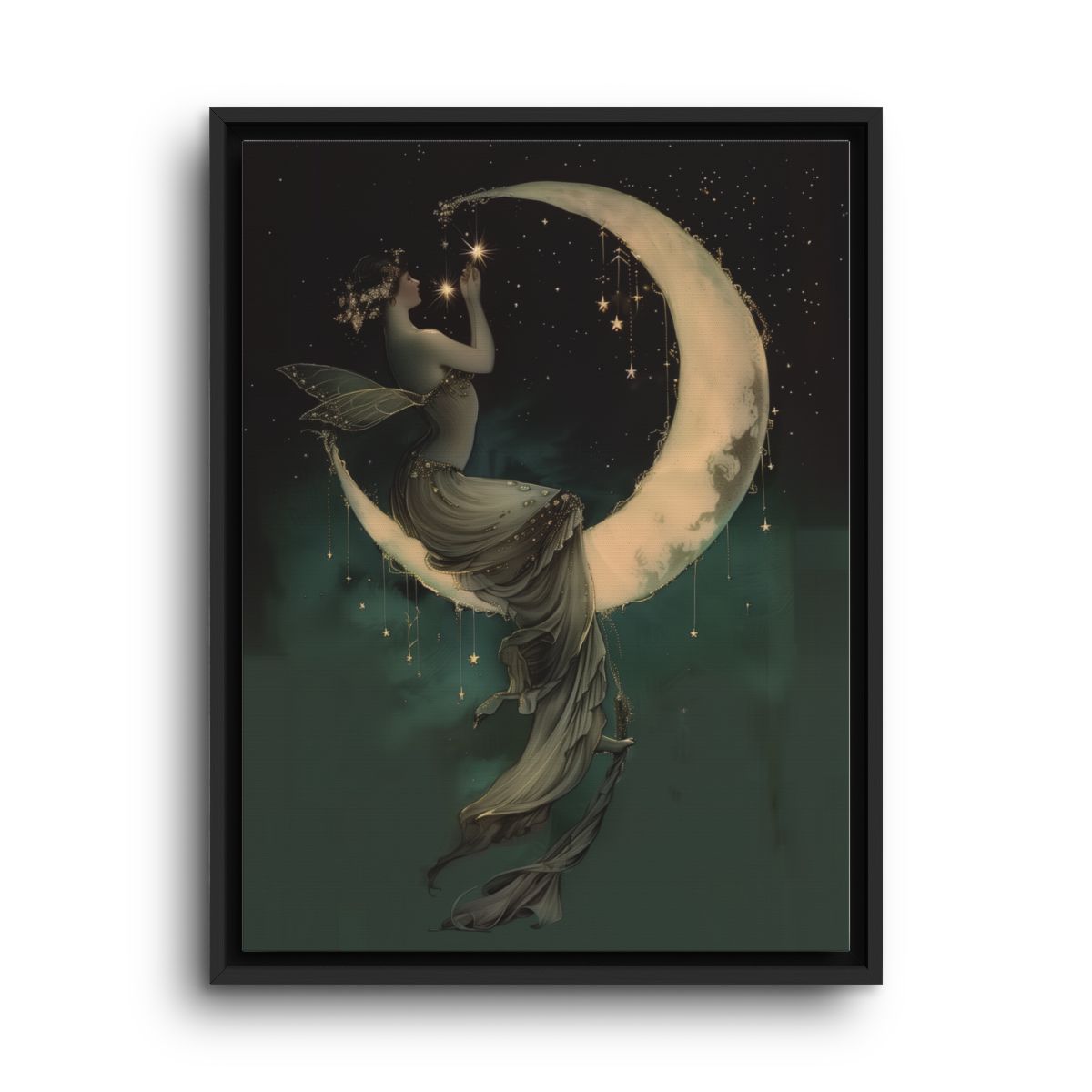 Celestial Moon Canvas Wall Art – Woman on Crescent Fantasy Decor