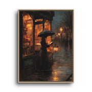 Rainy City Canvas Wall Art – Woman with Umbrella by Storefront