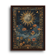 Brown floating frame canvas depicting an ornate gold sun and crescent moon surrounded by flowers against deep navy