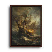 Brown floating frame canvas depicting a tall sailing ship battling dark ocean waves beneath a turbulent sky