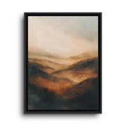 Black floating frame canvas depicting layers of beige, cream, and warm brown mountains beneath a pale hazy sky