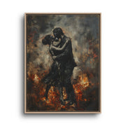 Gothic Romance Canvas Wall Art – Couple Embracing in Fire