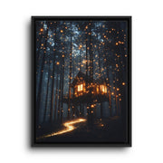 Black floating frame canvas depicting a warmly glowing treehouse nestled high among pine trees and fireflies