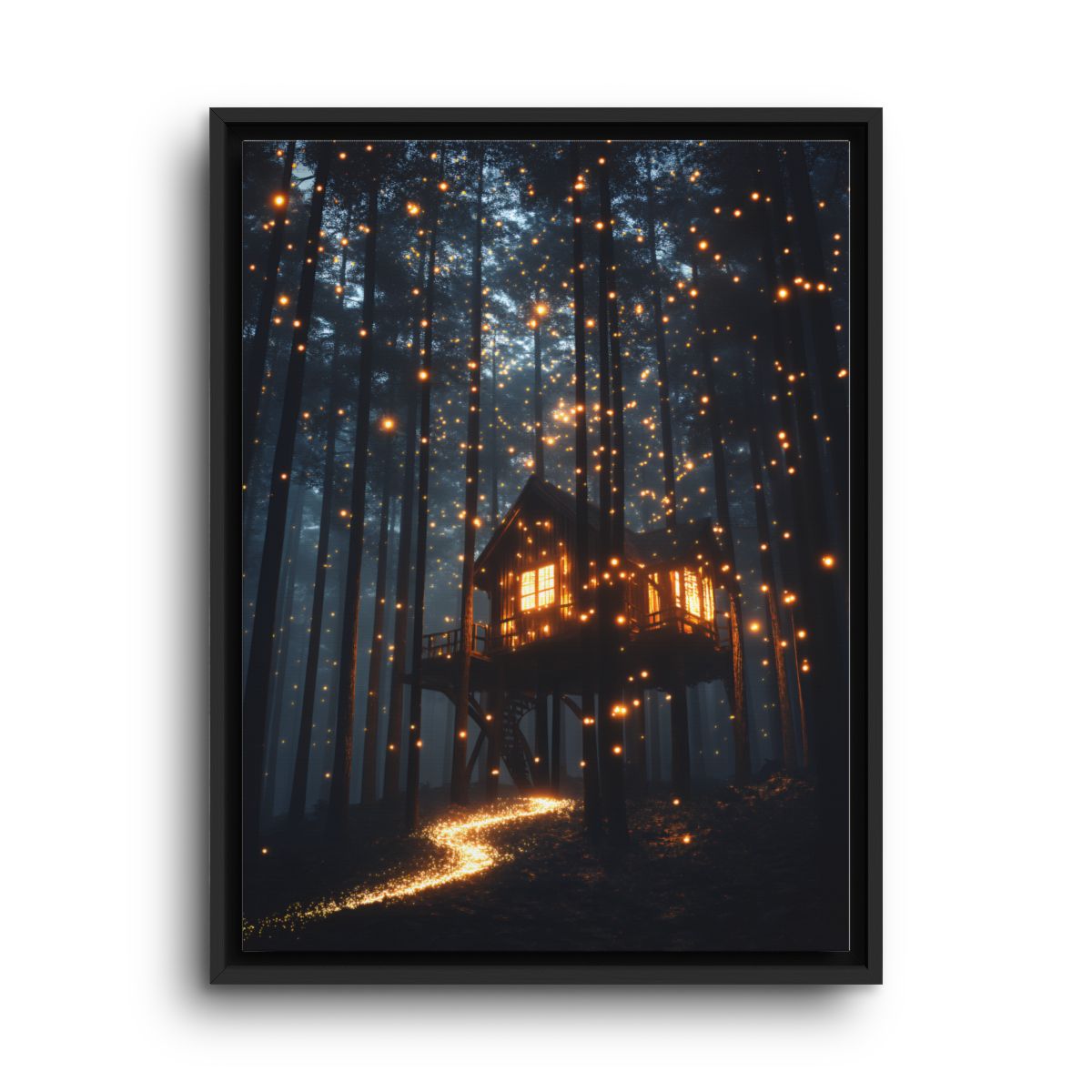 Magical Forest Canvas Wall Art – Glowing Treehouse and Fireflies