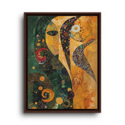 Brown floating frame canvas depicting a stylized gold crescent moon and sun face amid teal, orange, and green patterns