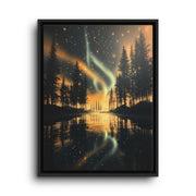 Black floating frame canvas depicting golden-green northern lights reflecting across a dark pine-lined lake