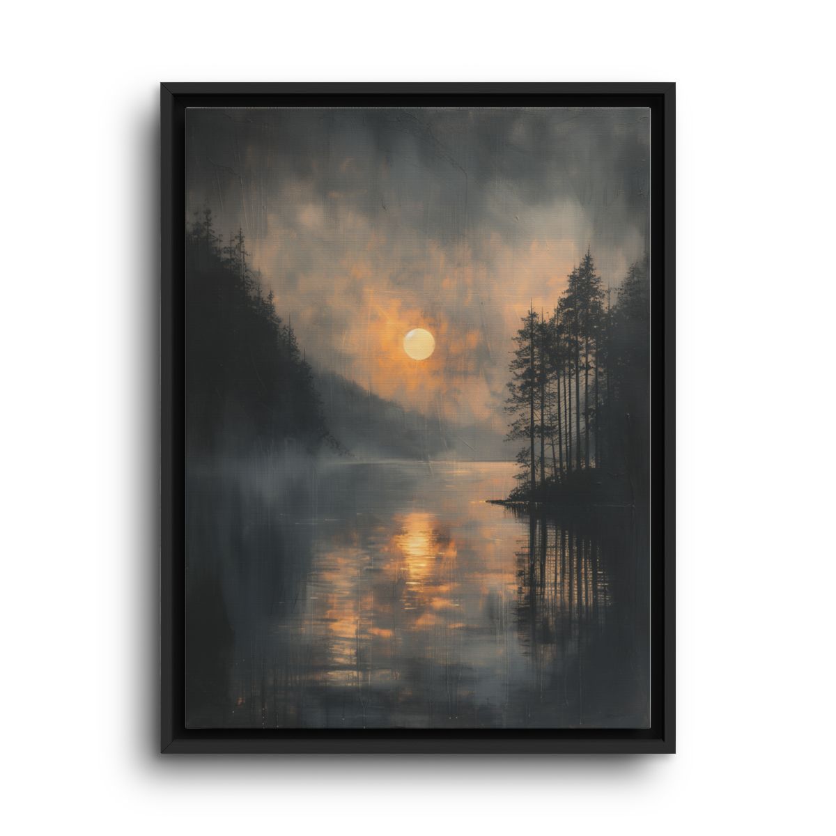 Moonlit Lake Canvas Wall Art – Misty Blue Evening Landscape