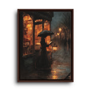 Brown floating frame canvas depicting a woman beneath an umbrella outside a warmly lit city storefront at dusk