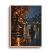 Rainy City Canvas Wall Art – Canal at Night with Golden Lights