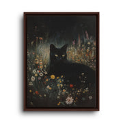 Brown floating frame canvas depicting a black cat sitting among tiny yellow and white wildflowers at night