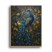 Peacock Canvas Wall Art – Blue Bird in Ornate Botanical Garden