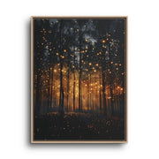 Firefly Forest Canvas Wall Art – Golden Lights in Blue Woods