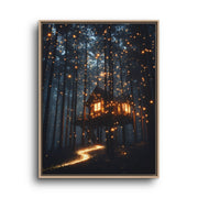Magical Forest Canvas Wall Art – Glowing Treehouse and Fireflies
