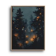 Blue Forest Canvas Wall Art – Glowing Pine Trees and Fireflies
