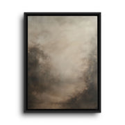 Black floating frame canvas depicting a pale beige-gray haze with subtle shadowy forest forms fading into fog