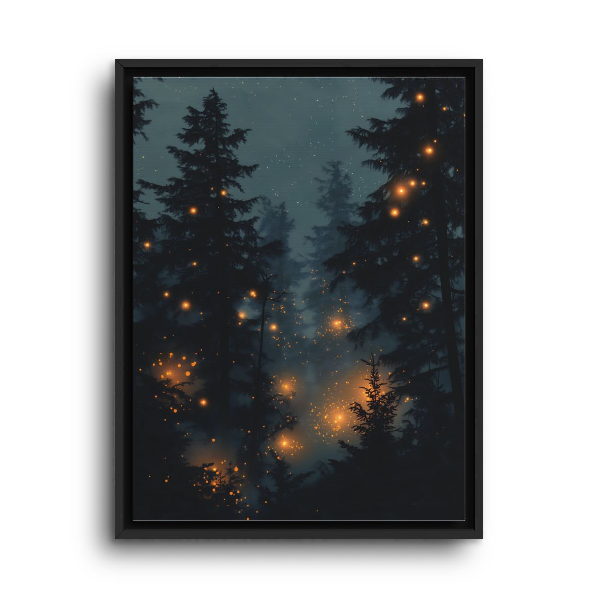 Blue Forest Canvas Wall Art – Glowing Pine Trees and Fireflies