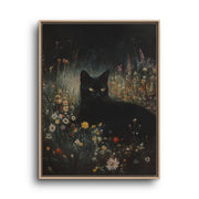 Black Cat Canvas Wall Art – Midnight Wildflower Garden