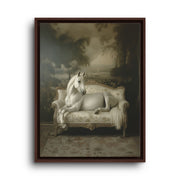 Brown floating frame canvas depicting a white horse standing beside a pale antique sofa in a moody interior
