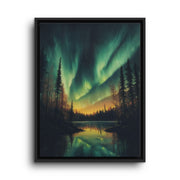 Black floating frame canvas depicting green aurora lights over a still forest lake beneath a star-filled sky