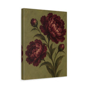 Unframed gallery wrapped canvas depicting full burgundy peony blooms with buds and leaves against an olive green ground