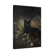 Unframed gallery wrapped canvas depicting a black cat sitting among tiny yellow and white wildflowers at night