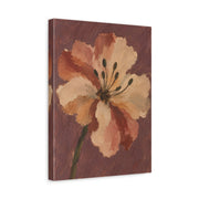 Unframed gallery wrapped canvas depicting a single cream and peach blossom with dark stamens against a dusty mauve background