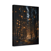 Unframed gallery wrapped canvas depicting a winding forest path illuminated by golden fireflies beneath tall dark trees