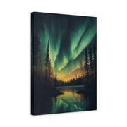 Unframed gallery wrapped canvas depicting green aurora lights over a still forest lake beneath a star-filled sky