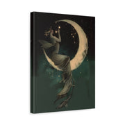 Unframed gallery wrapped canvas depicting a floating woman seated on a glowing crescent moon in a starry dark sky
