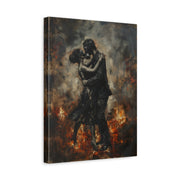 Unframed gallery wrapped canvas depicting a couple holding each other amid orange flames and smoky charcoal shadows