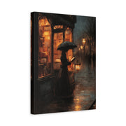 Unframed gallery wrapped canvas depicting a woman beneath an umbrella outside a warmly lit city storefront at dusk
