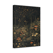 Unframed gallery wrapped canvas depicting glowing mushrooms and tiny wildflowers scattered beneath dark pine trunks