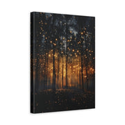 Unframed gallery wrapped canvas depicting hundreds of warm fireflies glowing among blue-black forest trunks