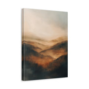Unframed gallery wrapped canvas depicting layers of beige, cream, and warm brown mountains beneath a pale hazy sky