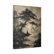 Unframed gallery wrapped canvas depicting a dark twisting tree above a misty river rendered in soft black ink tones
