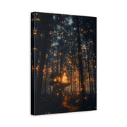 Unframed gallery wrapped canvas depicting a warm illuminated tent nestled among tall pines and golden fireflies