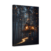 Unframed gallery wrapped canvas depicting a warmly glowing treehouse nestled high among pine trees and fireflies