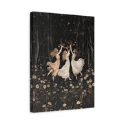 Unframed gallery wrapped canvas depicting three women in flowing white ballet dresses dancing beneath dark trees