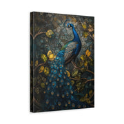 Black floating frame canvas depicting a brilliant blue peacock surrounded by gold vines and dark leafy blooms