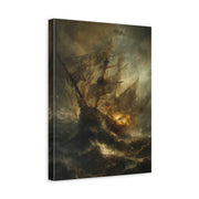 Unframed gallery wrapped canvas depicting a tall sailing ship battling dark ocean waves beneath a turbulent sky