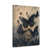 Unframed gallery wrapped canvas depicting dark butterflies scattered across a soft gray botanical background