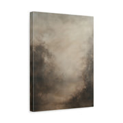 Unframed gallery wrapped canvas depicting a pale beige-gray haze with subtle shadowy forest forms fading into fog