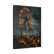 Unframed gallery wrapped canvas depicting a glowing orange Ferris wheel above a smoky cityscape with dark firelit streets