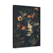 Unframed gallery wrapped canvas depicting a woman's face surrounded by vivid flowers and butterflies on a dark ground