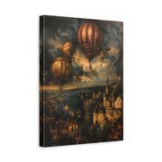Unframed gallery wrapped canvas depicting glowing antique hot air balloons hovering over a quaint village in golden twilight