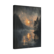 Unframed gallery wrapped canvas depicting a glowing golden moon above a quiet blue-gray river and distant trees