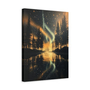 Unframed gallery wrapped canvas depicting golden-green northern lights reflecting across a dark pine-lined lake