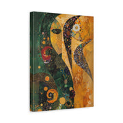 Unframed gallery wrapped canvas depicting a stylized gold crescent moon and sun face amid teal, orange, and green patterns